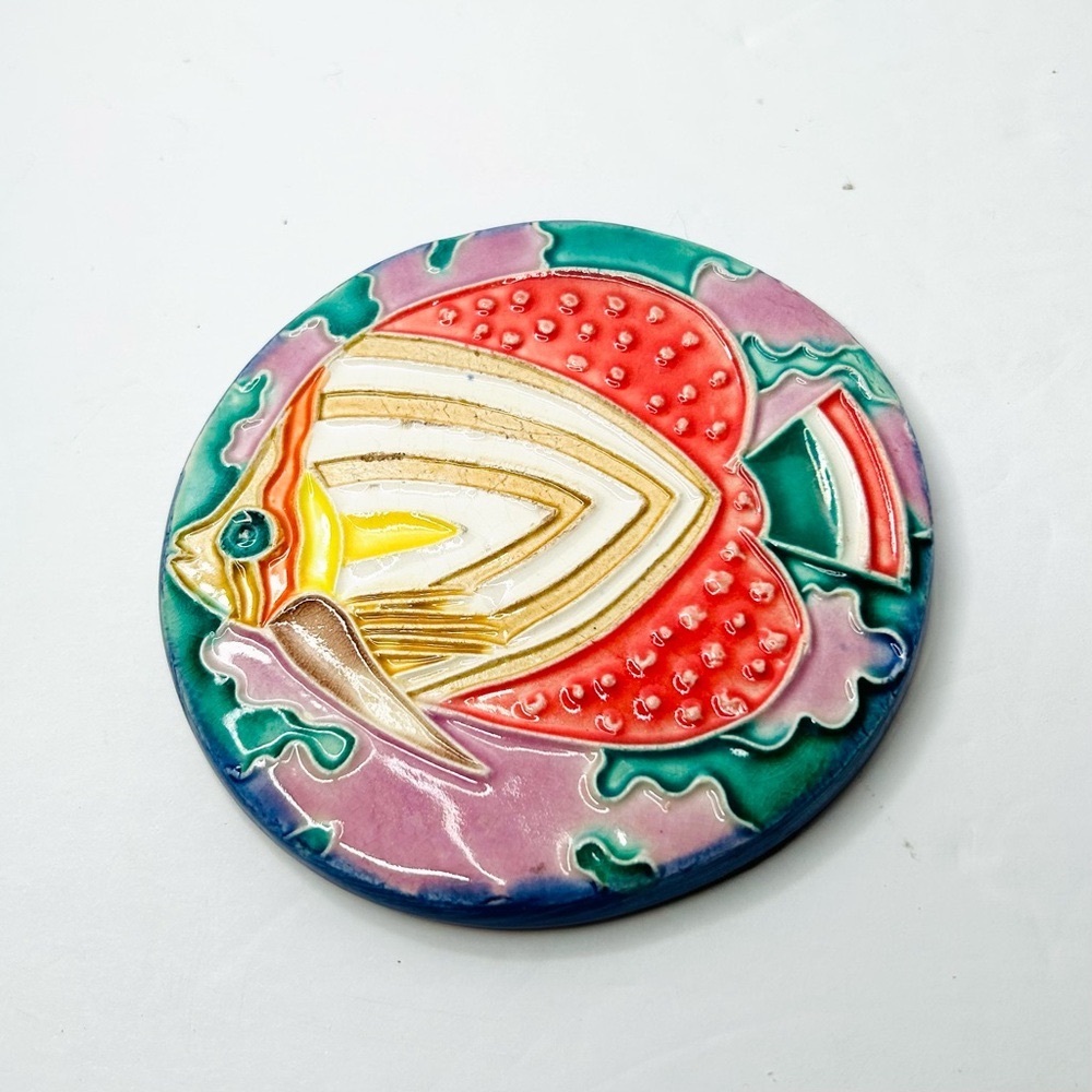 Hand Painted Ceramic Tropical Fish Enamel Coaster Tile 4” Laurel Burch?